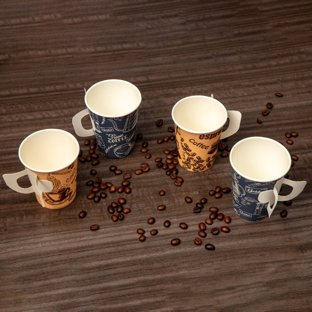 Coffee Paper Cup with Handle Single Wall Disposable with Plastic Lid 